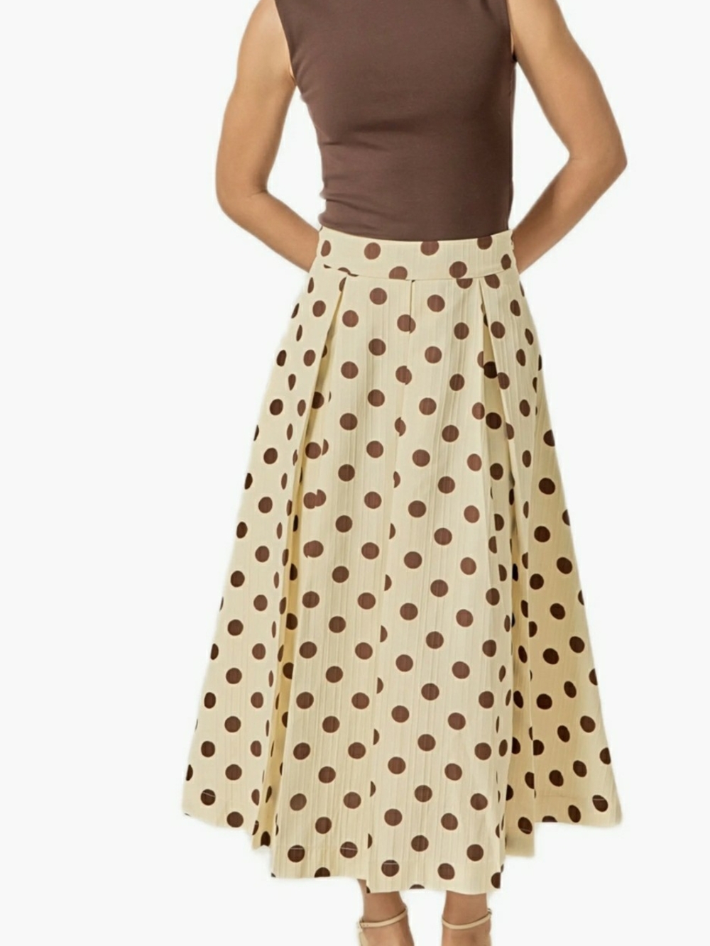 English Factory Polka Dot A-Line Midi Skirt in Cream and Brown